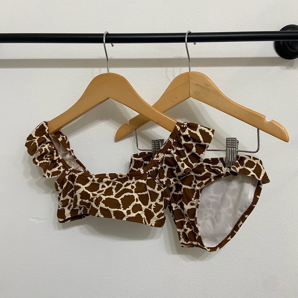 Rylee + Cru Brown/White Kids Giraffe Print 2pc Swimsuit